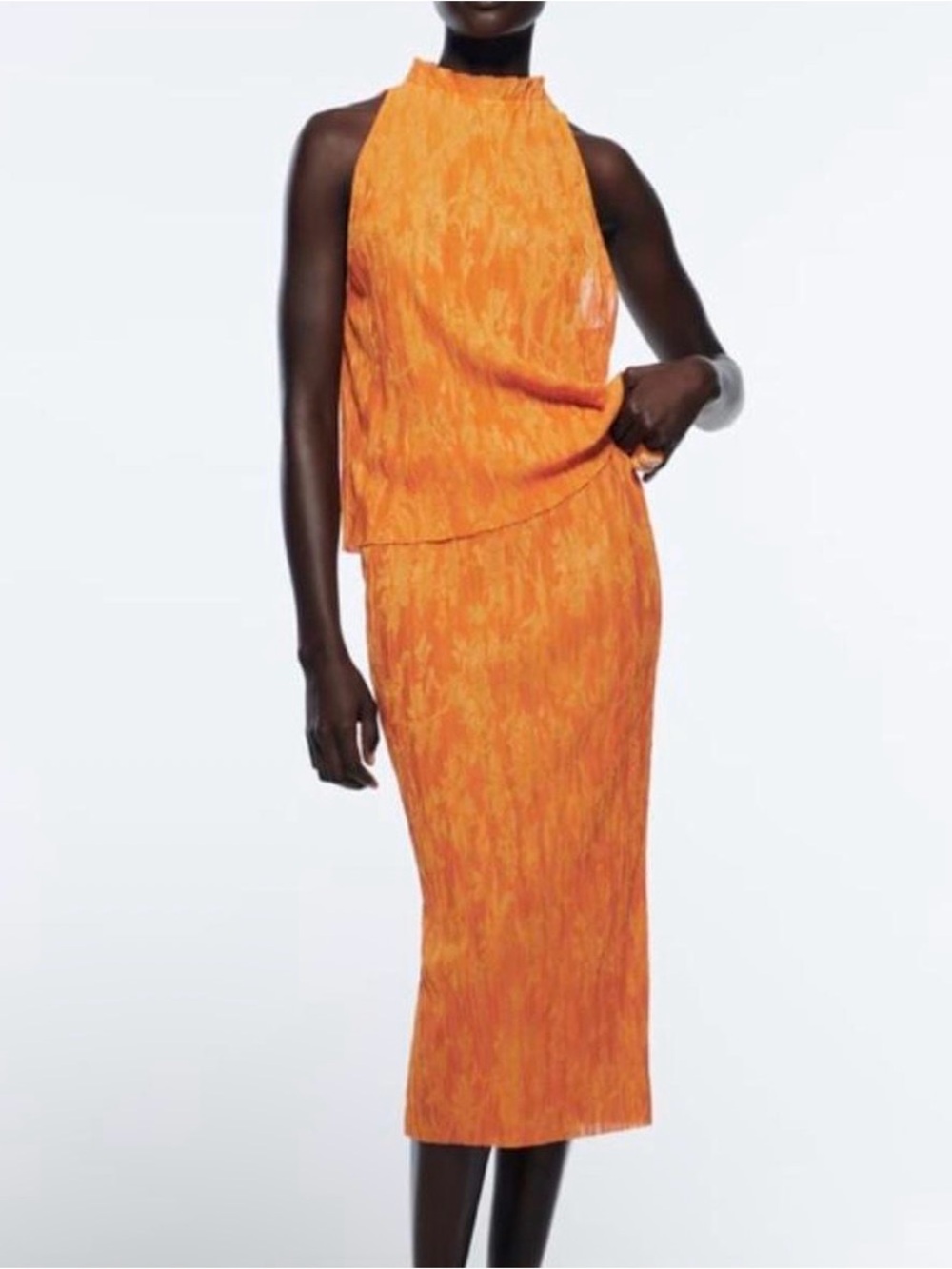 Zara Orange Patterned Midi Skirt set
